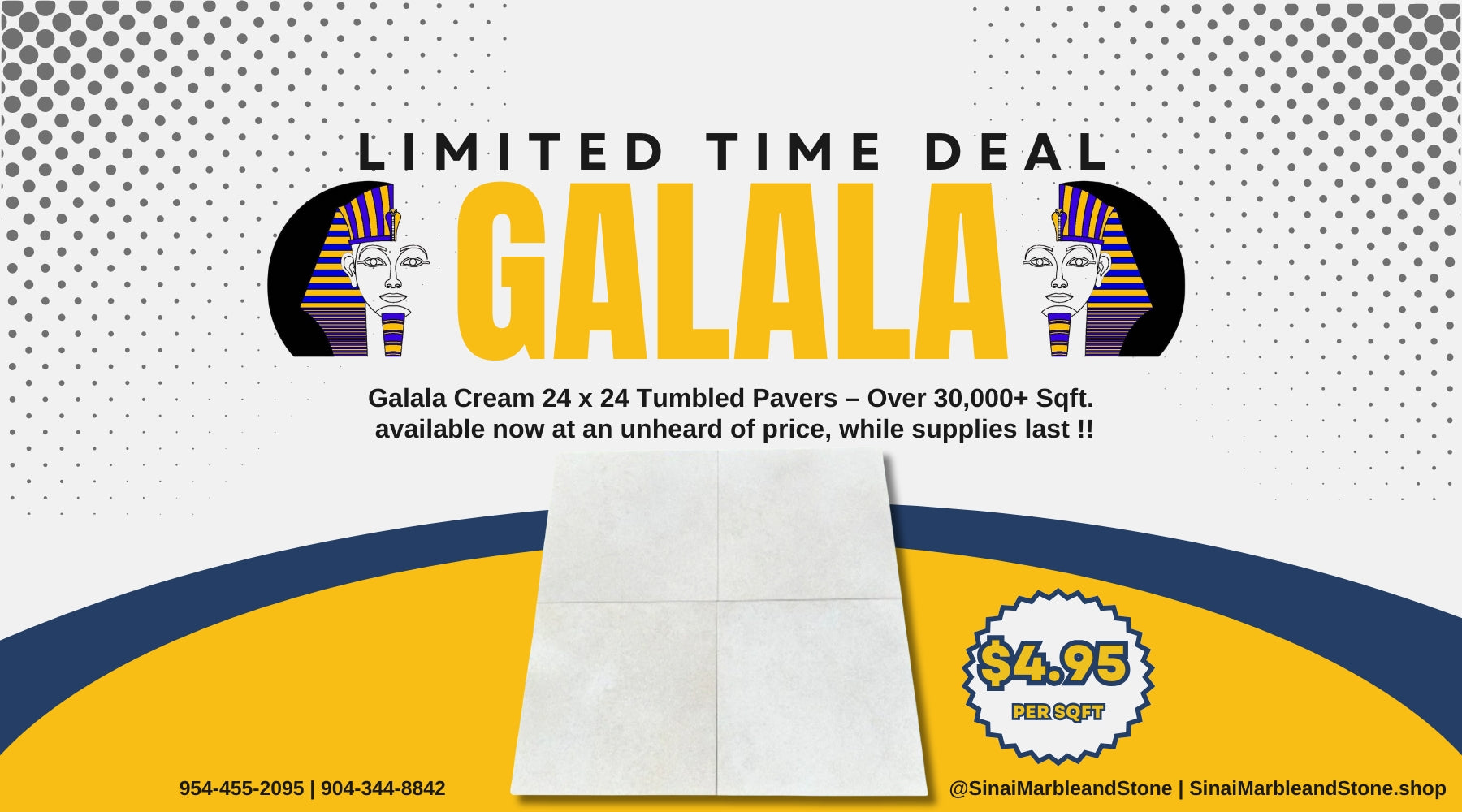 Advertisement for Galala pavers with promotional text and pricing on a patterned background