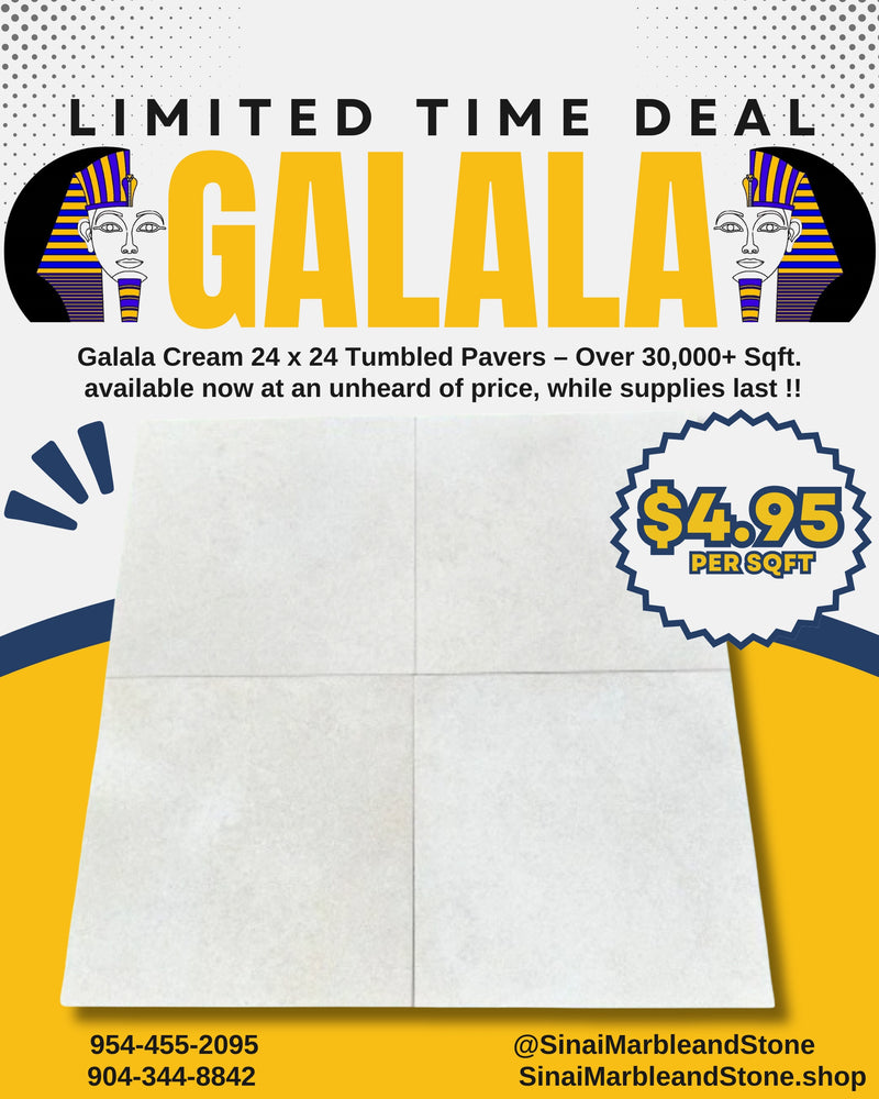 Advertisement for Galala cream tiles with promotional text and contact information.