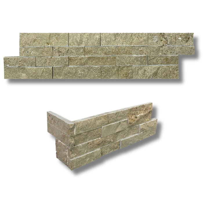 Walnut Travertine 6 x 24 Split Face Corner Ledger Panel